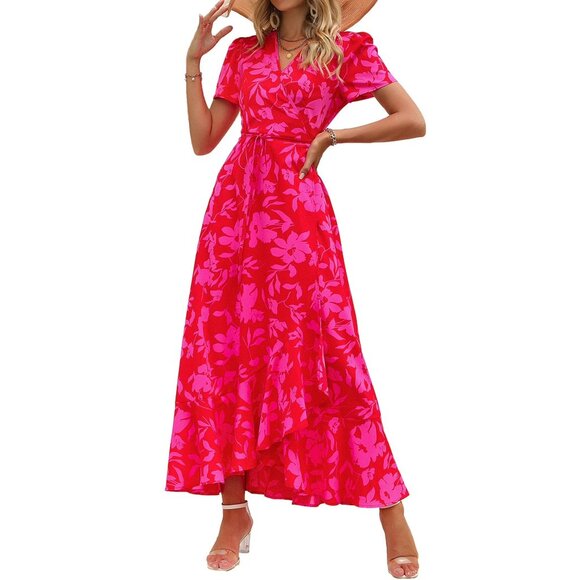 PRETTYGARDEN Wrap Pink and Red Floral V-Neck Short Sleeve Maxi Dress Size Small - Picture 1 of 7
